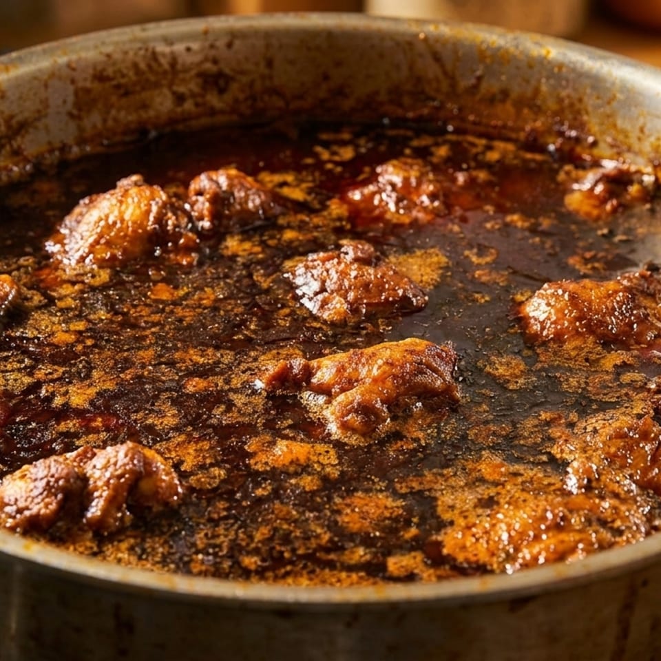 Chicken pieces simmering in a rich, dark brown sauce in a large metal pan on a stovetop.