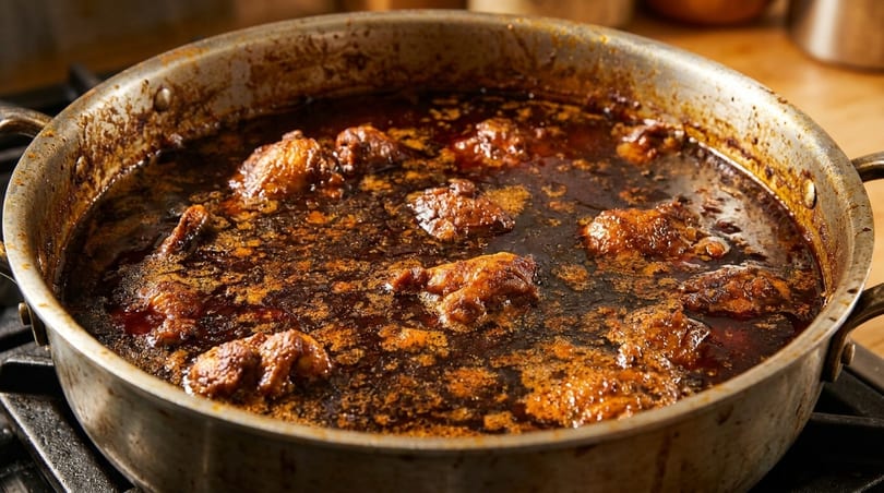 Chicken pieces simmering in a rich, dark brown sauce in a large metal pan on a stovetop.