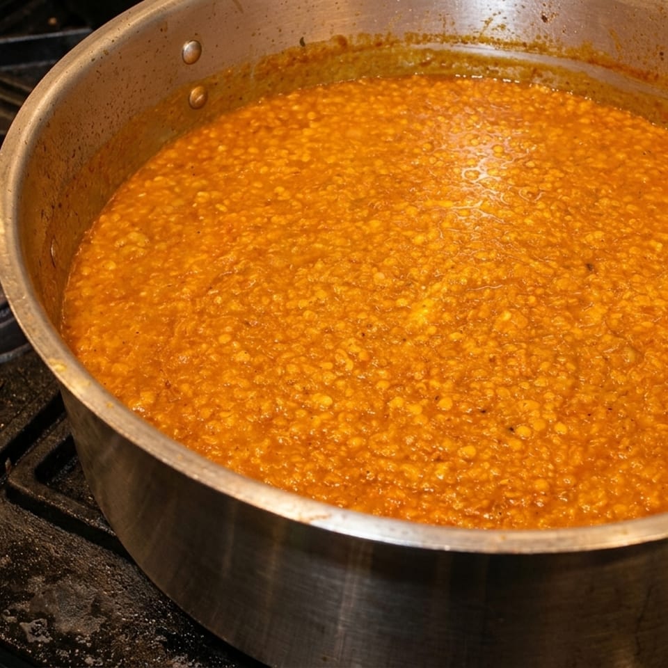 Large pot of orange lentil stew simmering on a black commercial stove burner.