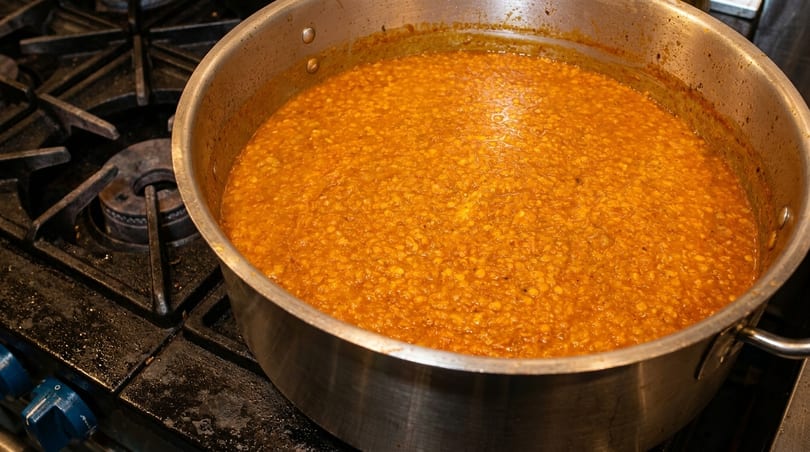 Large pot of orange lentil stew simmering on a black commercial stove burner.