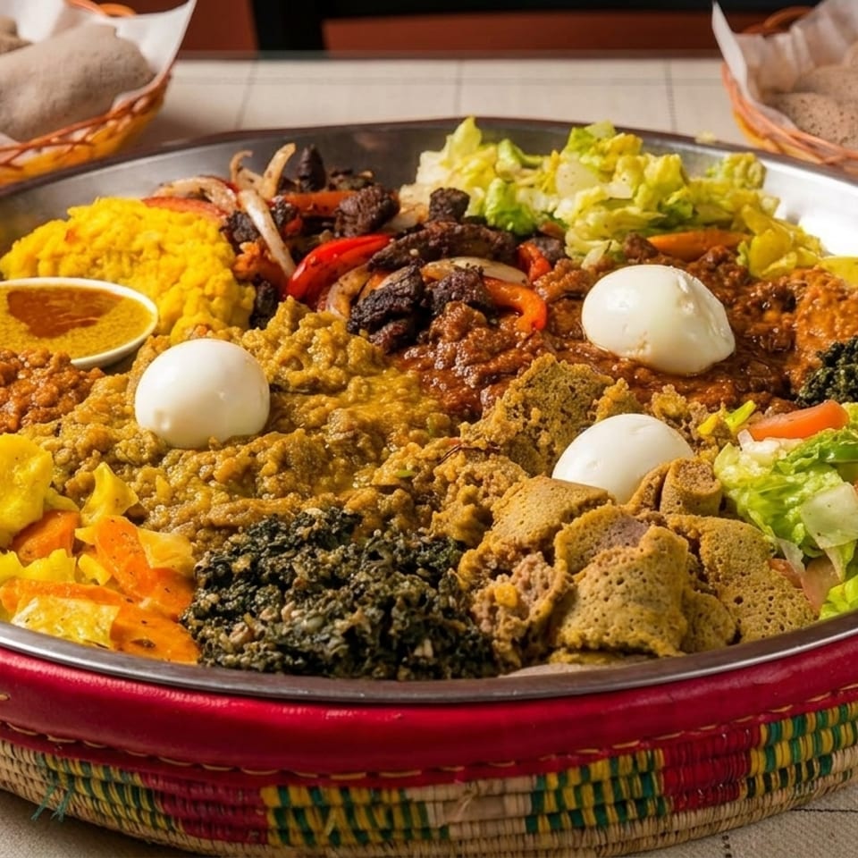 A large platter of colorful Ethiopian food, including injera, stews, vegetables, and hard-boiled eggs.