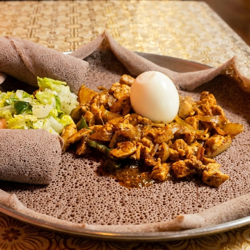 Ethiopian Doro Wat with injera, a hard-boiled egg, and a side salad on a metal plate.