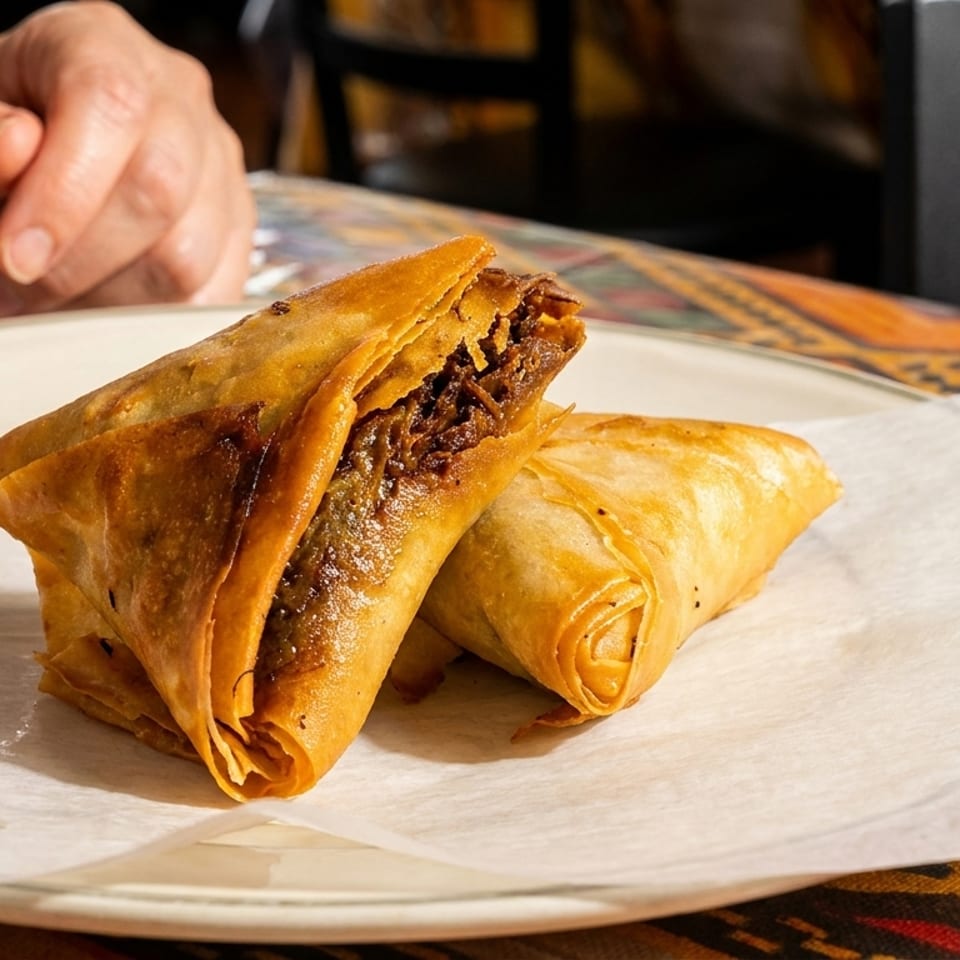 Two golden-brown samosas, one cut open to reveal a savory filling, on a white plate.