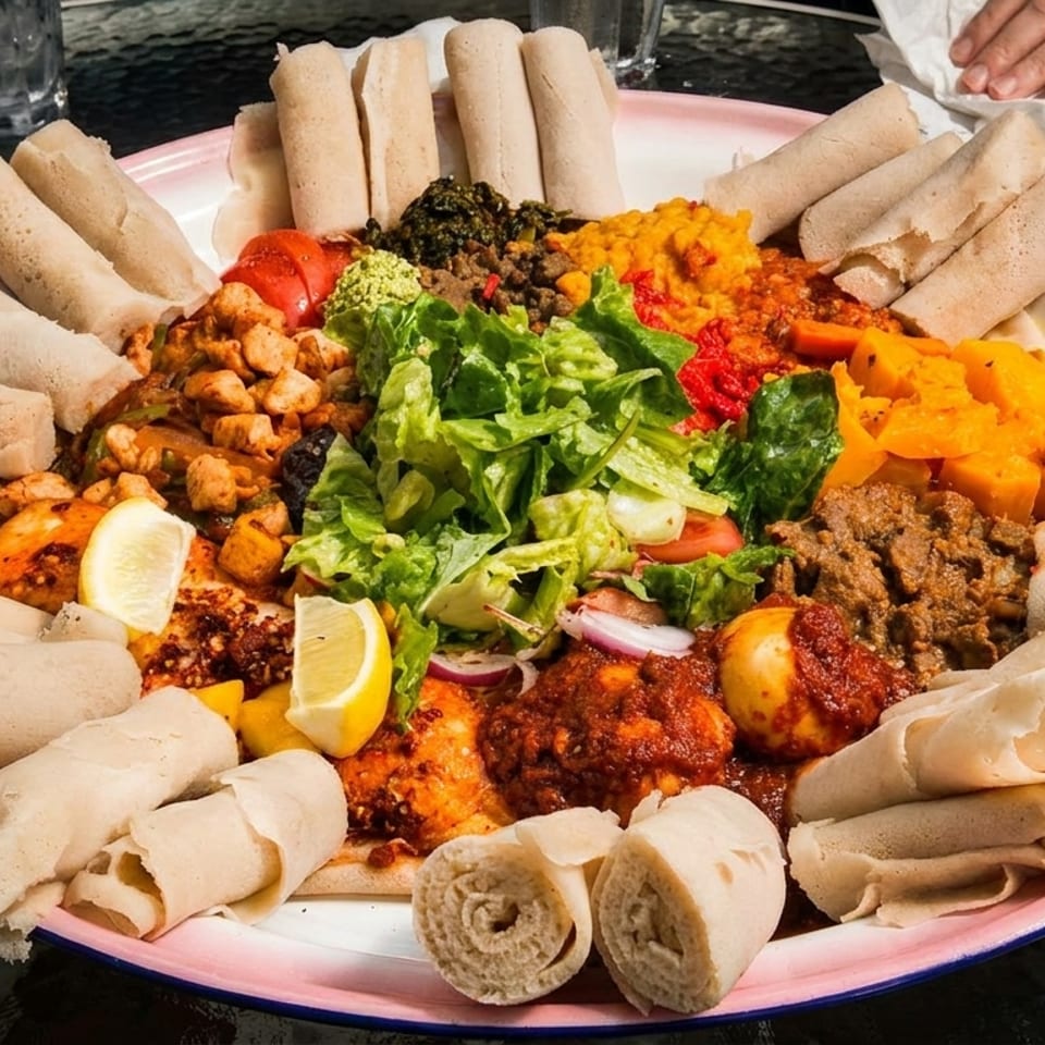 Large platter of colorful Ethiopian food, including injera, stews, and vegetables, on a table.